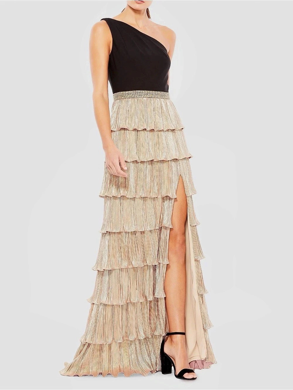 Mac Duggal Ieena Mixed-Media Tiered A-Line Gown